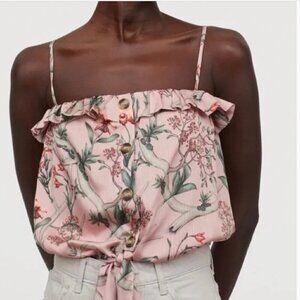 JOHANNA ORTIZ X H&M PINK FLORAL SATIN TIE-FRONT RUFFLE SLEEVELESS TOP - M